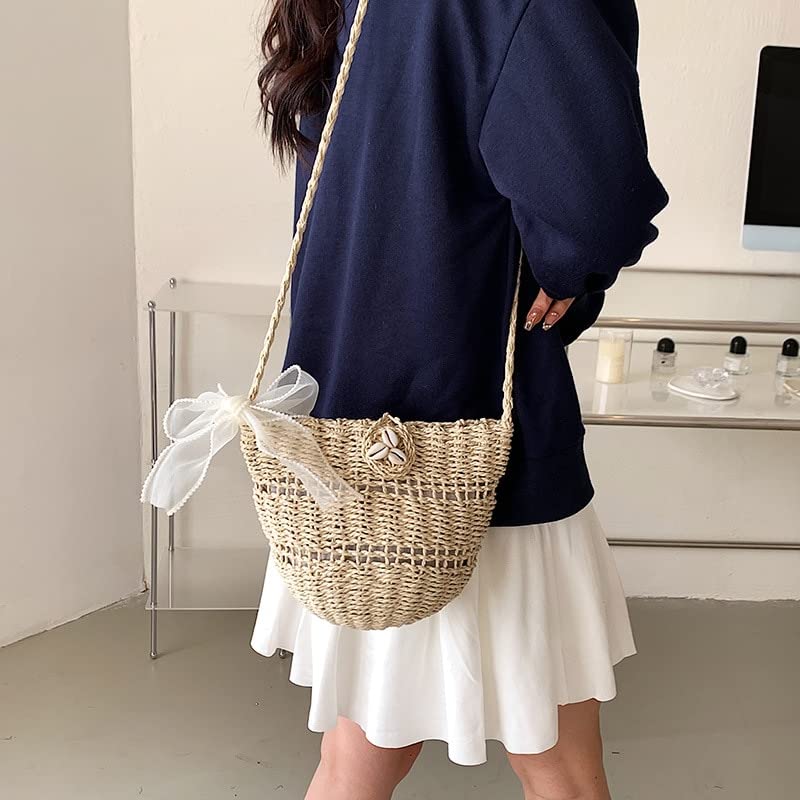 Borsa a tracolla, borsa estiva da spiaggia, con chiusura lampo, borsa a tracolla in paglia, da donna, realizzata a mano, con tracolla in pelle, per spiaggia, viaggi, shopping, beige