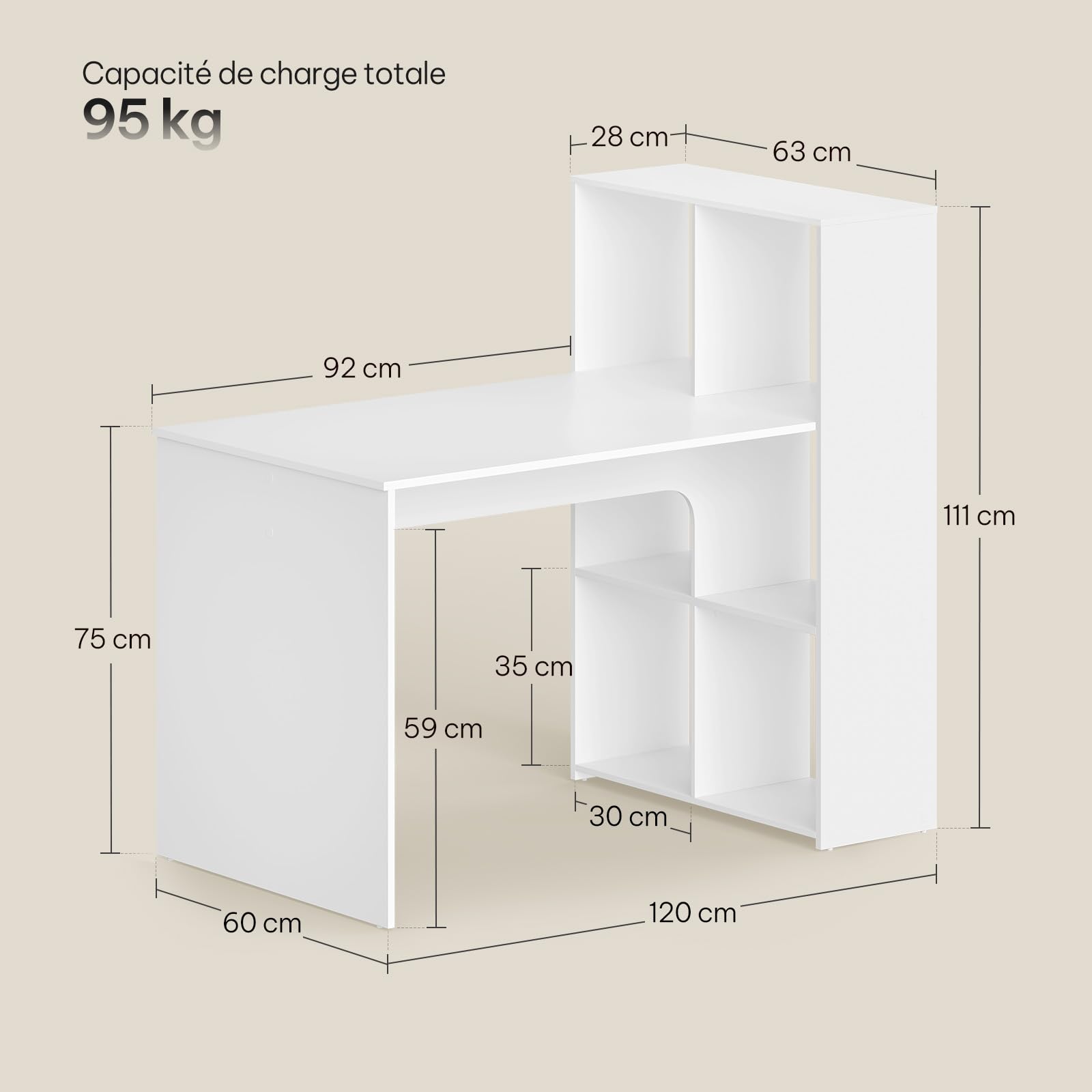 eSituro Bureau Blanc avec Etagere et Rangement, 120x63x111 cm