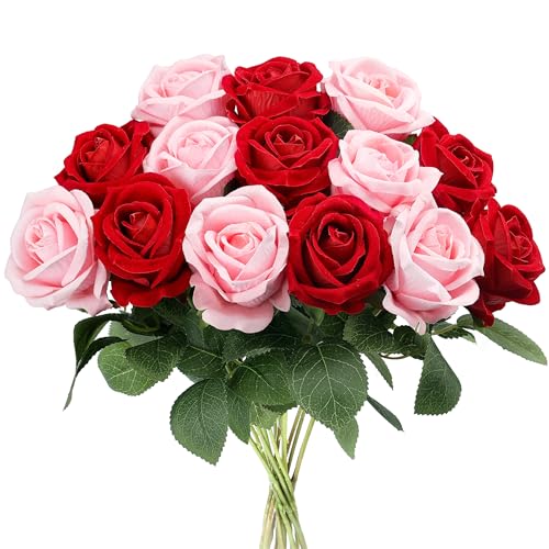 Auihiay 14PCS Red and Pink Artificial Roses, Lifelike Silk Fake Roses Bouquet with Long Stem for Father's Day, DIY Bouquets, Wedding Table Centerpieces & Party Home Decor