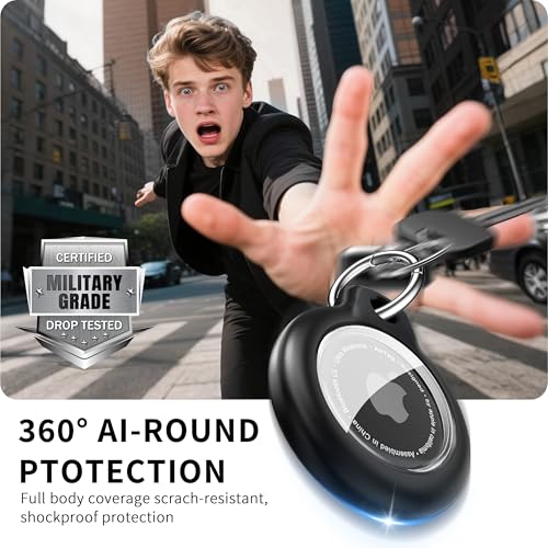 Image of RFUNGUANGO Apple AirTag Holder with Key Ring 4 Pack AirTag Case | Hard Protective AirTag Case for Kid, Pet, Luggage, Backpack, Key - 4 Pack Black