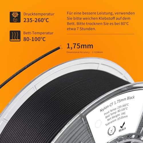YXPOLYER Kohlefaser-Nylon-Filament 1,75 mm 1kg, PA6 Kohlenstofffaser 3D Filament PA6-CF Nylon-CF 15% Carbonfaser-Verstärkung für Höchste Festigkeit, Hitzebeständig und Vielseitig Einsetzbar – Bild 6