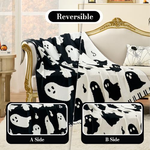 Amélie Home Halloween Throw Blanket for Couch, Dual- Sided Spooky Halloween Ghost Cute Terror Scence, Chenille Knit Soft Cozy for Sofa Home Decor Gifts, 50" x 60", Ghost - image 2