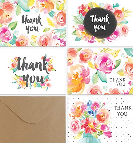Thank You Cards Floral Set | 36 Flower Thank You Notes with Kraft Envelopes | Blank Inside | Perfect for Baby Showers, Weddings, Bridal Showers, Women, and Business | By Angie Makes