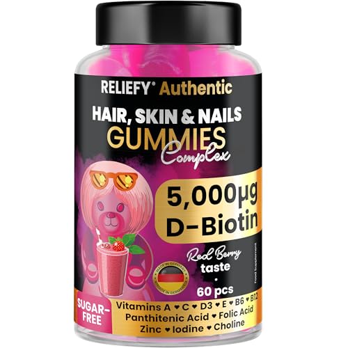 Gomitas de biotina para cabello, piel y uñas, crecimiento del cabello con biotina, mejorado con vitaminas A, C, D3, E, B6, B12, ácido fólico, ácido pantoténico, zinc, yodo y colina, 5000 mcg,