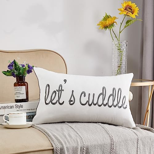 Sunkifover Decorative Rectangle Pillow Covers 12x20 Inches, Soft Solid Lumbar Pillow Cover, Embroidered Rectangular Pillow Case with Let's Cuddle Quote for Bed, Bedroom (Color Grey)
