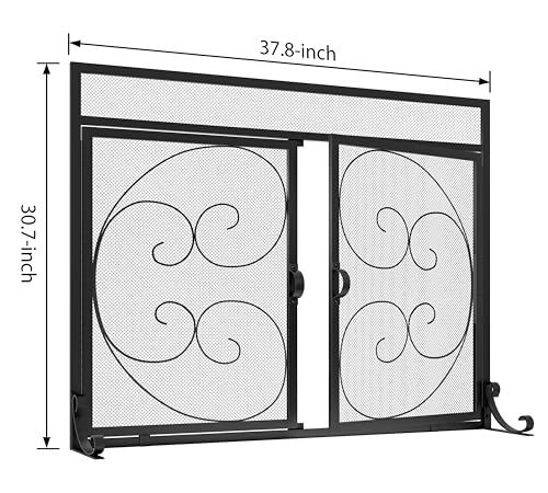 Image of Fire Beauty Wrought Iron Fireplace Screen with Magnetic Double Doors Black