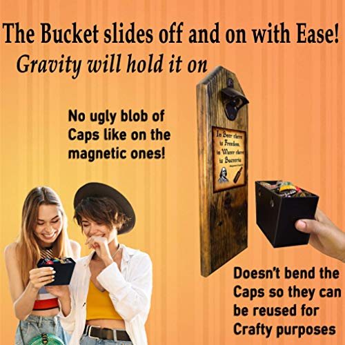 Ben Franklin Quote Beer Bottle Opener And Cap Catcher- Handcrafted By A Vet - 100% Solid Pine 3/4" Thick - Rustic Cast Iron Bottle Opener And Galvanized Bucket - Great Gift For Father's Day #TOP3