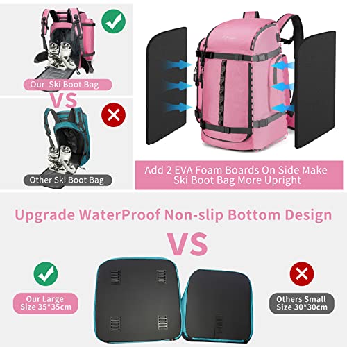 65L Ski Boot Bag-Pink 1680D Nylon Waterproof Ski Boot Backpack For Women Kids, Men Large Durable Travel Camping Hiking Backpack, Snowboard Bag For Ski Helmet, Goggles, Gloves, Jackets, Water Bottles #TOP4