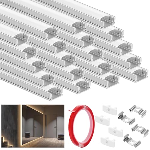 YOUNTHYE 20Pack Led Aluminum Profile, 20x30cm LED Profile Diffuser with Milky White Cover, U-Shape LED Channel with Adhesive Tape, End Caps and Mounting Clips