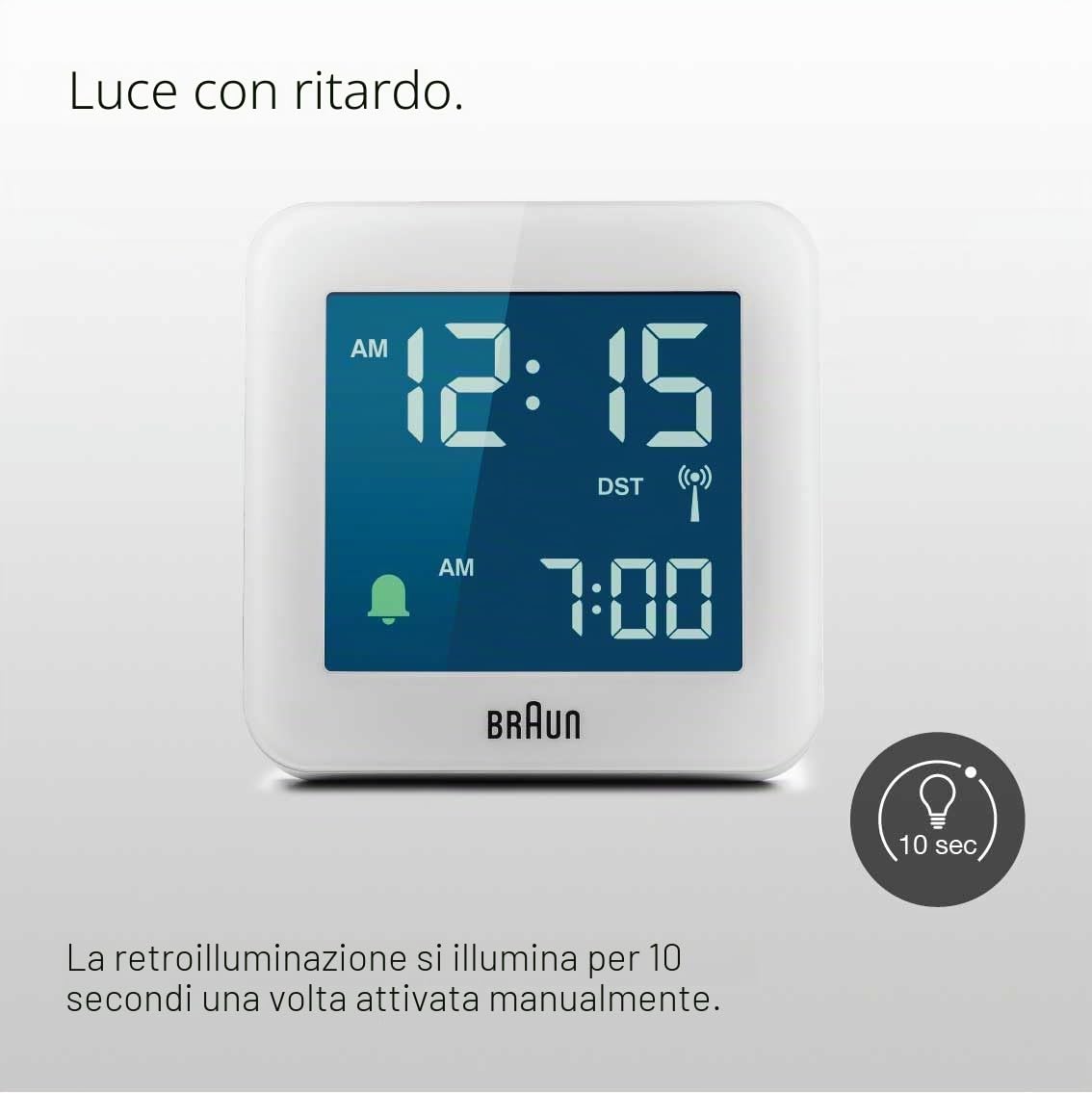 Braun Orologio Sveglia Digitale Radio controllato Fuso Orario Europa Centrale (DCF) con Funzione Snooze, Display LCD, Funzione Quick Set, Suono Sveglia Beep con crescendo, Bianco, BC09W-DCF.