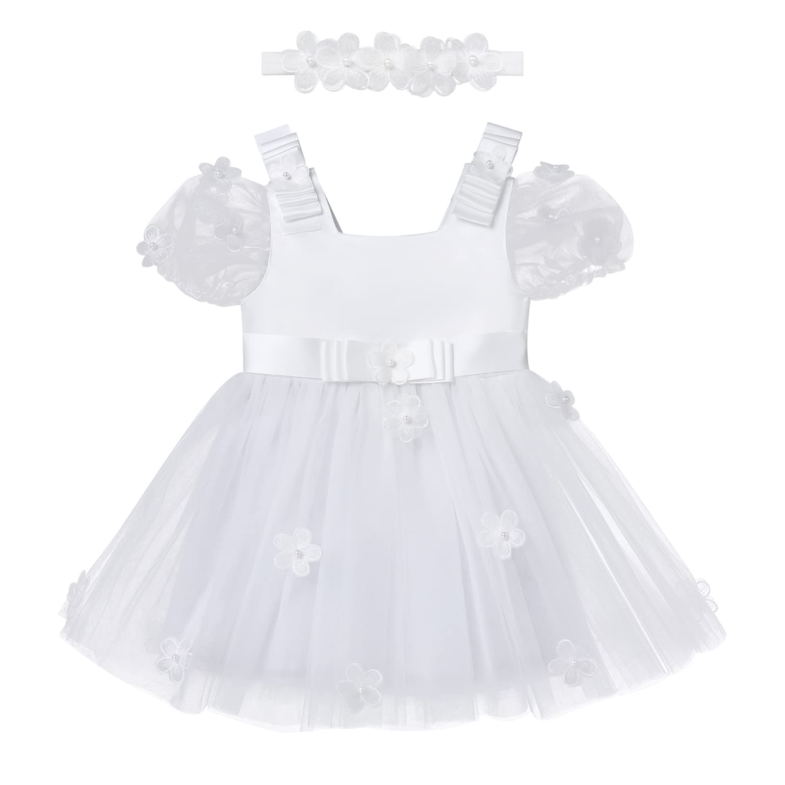 IMEKIS Bébé Fille Robe florale à manches courtes Bowknot Princesse Tulle avec bandeau Anniversaire séance photo tenue de mariage baptême fête vêtements ensemble, Blanc., 2-3 ans