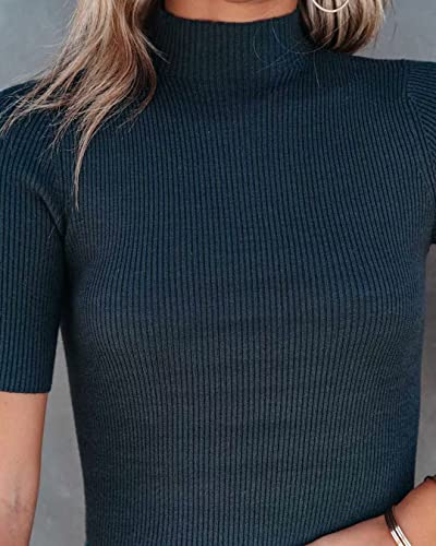 Image of Lacozy Women Casual Short Sleeve Shirt Basic Mock Neck Top Slim Fit Ribbed Knit Pullover Sweater