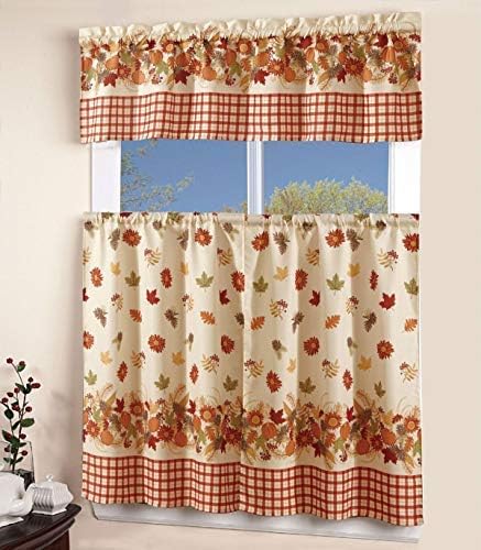 Sapphire Home Kitchen Curtain Linen 3 Piece Set - 2 Tiers + 1 Tailored Valance, Autumn Season Leaf Design Linen Stylish Window Curtains for Your Kitchen Décor, KC Autumn, Orange Yellow Green Pumpkin