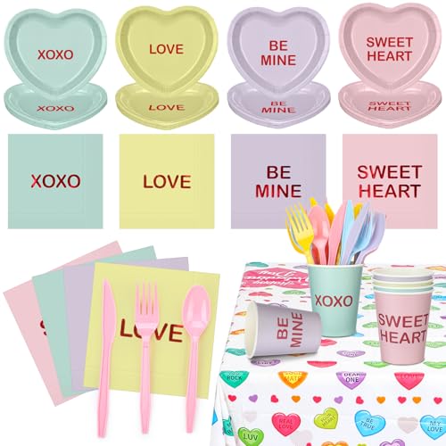 Teenyyou 342 Pcs Valentine's Party Supplies Tableware Set Serve 48 Conversation Heart Plates Candy Napkins Cups Forks Knives Spoons Tablecloth Valentines Party Decorations Disposable Dinnerware
