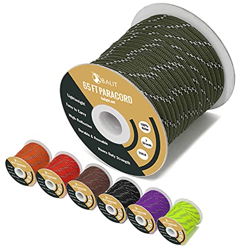 Balit Reflective 550 Paracord Parachute Cord 4mm Tent Rope, 7 Strands, Rope Roller, 65 Feet Reflect Nylon Pull Guylines Spool Wind Proof for Camping Outdoor Hiking Lanyard Bracelets Emergency