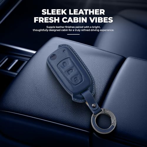 Image of Keyzone Premium Leather Key Cover & AC Vent Car Perfume Combo (4 Fragrances) | Compatible for Tata Curvv, Nexon, Harrier, Altroz, Punch, Safari, Tigor, Tiago, Zest, Bolt 3 Button flip Key. (Blue)