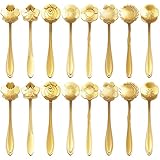 16 Pieces Flower Spoon Coffee Teaspoon Set, PBIEHSR Stainless Steel Coffee Tea Spoons for Drink Mixing Milkshake Jam (Gold-16)