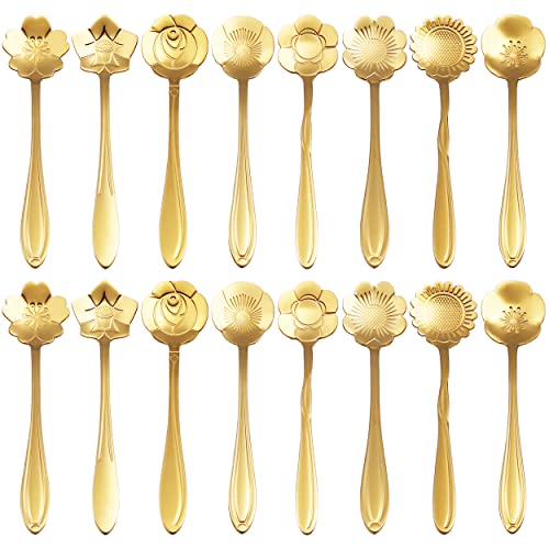 16 Pieces Flower Spoon Coffee Teaspoon Set, PBIEHSR Stainless Steel Coffee Tea Spoons for Drink Mixing Milkshake Jam (Gold-16)