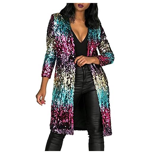 PROMLINK Women Sequin Cardigan Duster Coat Long Sleeve Outwear Sweater,Large