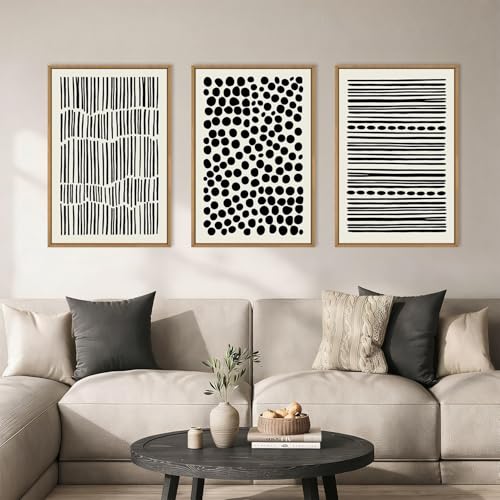Image of KAIRNE Abstract Black and White Framed Canvas Wall Art Set, Modern Geometric Wall Decor, Minimalist Line Art Prints, Neutral Boho Dots Artwork for Living Room, Bedroom, Farmhouse, Office -16 inchx24 inchx3