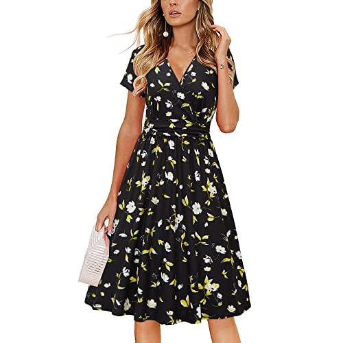 Newshows Women’s 2024 Summer Short Sleeve Casual Midi Dresses V Neck Floral Sundress Faux Wrap Dress with Pockets