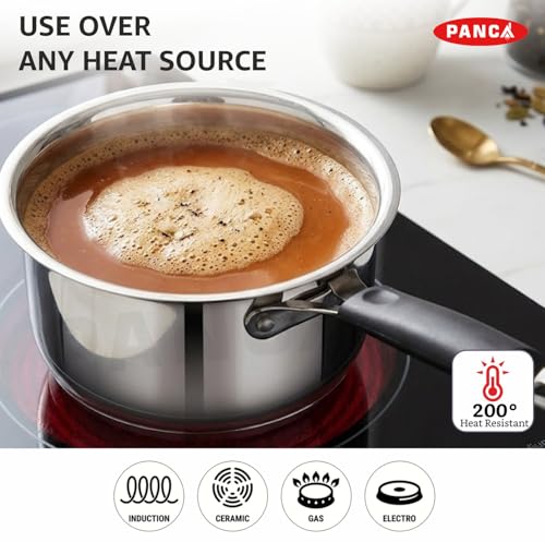 Image of PANCA Stainless Steel Sauce Pan for Tea & Milk, 16cm Triply Bottom Chai Pan with Handle, 1.6 Litre Induction Base Compatible Cooking Pot for Boiling, Sauce (Induction Bottom Capsule Bottom)