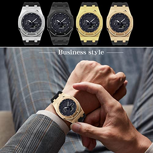 Image of GA2100 Stainless Steel Watch Case with Metal Watchband and Rubber Strap Mod Kit - Compatible with GA-2100 /GA-2110 /GA-B2100 Series - Watch Part Replacement