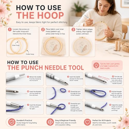Image of PATPAT DIY Punch Needle Embroidery Kit, 8 Inch Floral Punch Needle Craft Set with Pre-Printed Fabric, Embroidery Hoop, Yarn & Punch Needle Tool, DIY Flower Tufting Starter Kit for Adults & Teens.