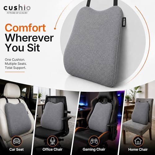 Image of CUSHIO Memory Foam Car Seat Cushion for Back Support, Ergonomic Lumbar Support for Car Seat & Office Chair, Car Back Support Cushion, Chair Cushion for Pain Relief & Posture (Grey)