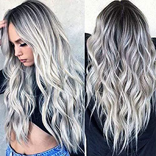 28  Natural Full Wigs Hair Long Wavy Wig Synthetic Heat Resistant Ombre Silver Gray Full Curly Wig with Free Wig Cap for Women Girls Party Cosplay Halloween Costume Accessories
