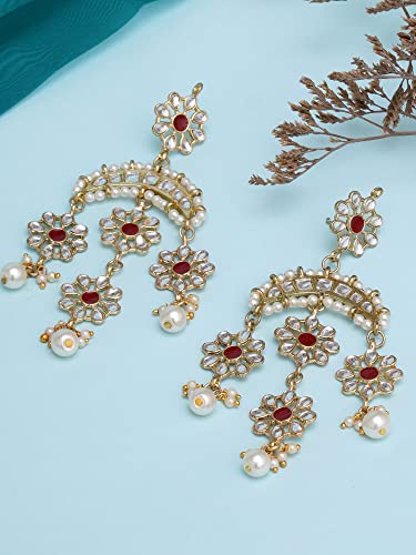 Image of Karatcart Gold Plated Floral Red Meena Kundan Dangler Earrings for Women