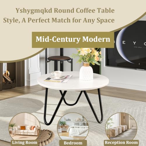 Image of Small Round Coffee Table for Living Room Wooden Circlar Coffee Table with Steel Legs Mid-Century Modern Center Table for Small Space Bedroom Home Office White