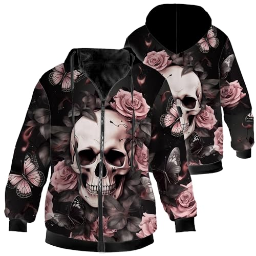 Zip Up Hoodies for Women Men Skull Print Fleece Winter Jacket Hooded Sweatshirt Gifts for Her,Him