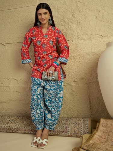 Image of EthnicJunction Women's Linen Floral Print Summer Wear Straight Short Kurti with Afghani Pant Set | Co Ord Set for Women Stylish | Fusion wear Women