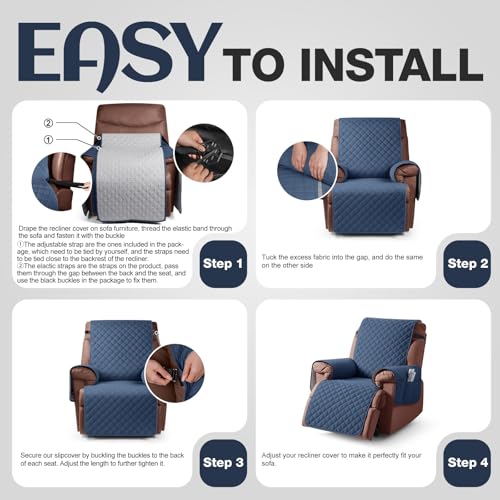 Image of KinCam 100% Waterproof Recliner Chair Cover, Reclining Couch Covers for Pets, Dogs, Recliner Couch Slipcover Furniture Protector with Elastic Straps for Kids(23.6 inch, Blue)