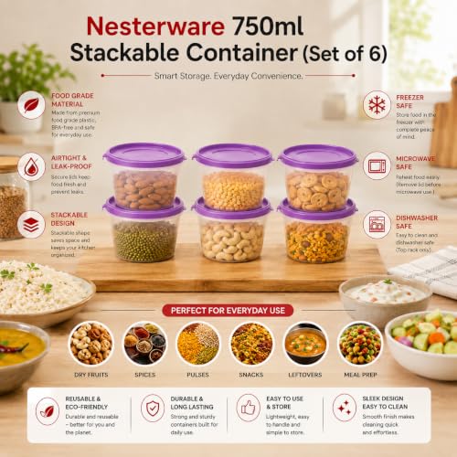 Image of Cutting EDGE Nesterware 750ml Stackable Food Container (Set of 6, Purple) | BPA-free plastic, stackable design, leak-proof, kitchen storage, pantry, fridge, meal prep, reusable, travel use