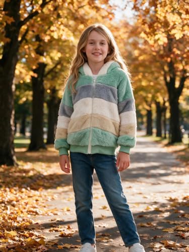 Image of Girls Fleece Jackets Kids Sherpa Fuzzy Zip up Hoodie Fall Winter Contrast color Pullover Sweatshirt 4-12 Years