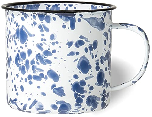 Red Co. Enamelware Metal Large Classic 22 Oz Round Coffee and Tea Mug with Handle, Navy Blue Marble Black Rim – Splatter Design