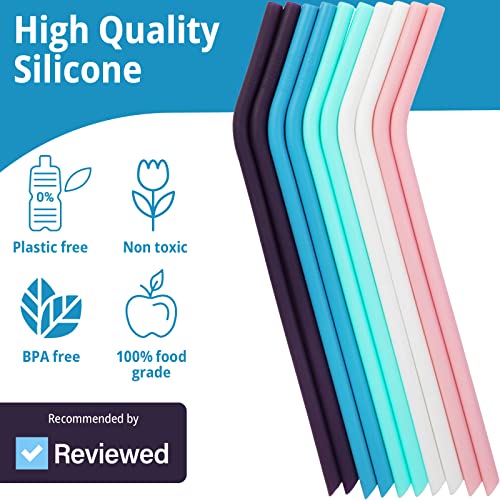 Bent Reusable Silicone Straws (Set of 10) and Cleaning Brush - Flexible, Long, Color Bendy Straws - For 20oz-32oz Tumblers & 30oz Smoothie Cups - Dishwasher Safe, Kid Friendly, and Easy to Clean - Image 3