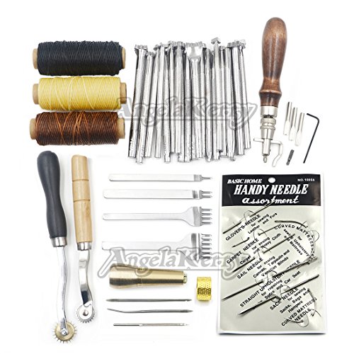 AngelaKerry 14pcs X Leathercraft Basic Accessories Tools Kit for Hand Sewing Stitching Wheels and Stamping Set Beginner