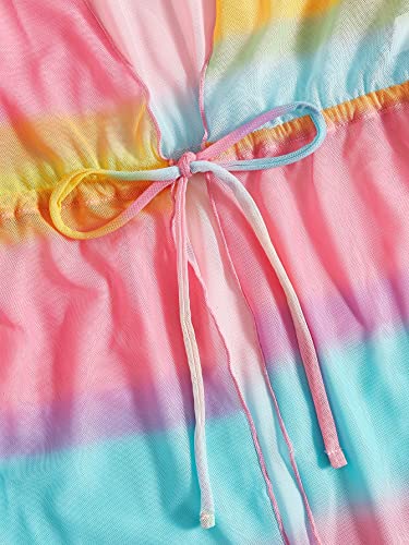 Verdusa Girl's Short Sleeve Colorblock Drawstring Kimono Cover Up Cardigan4