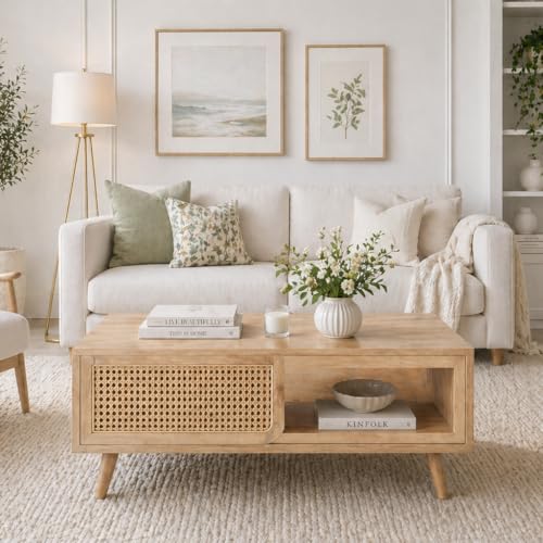 The Attic INES Coffee Table, Coffee Table for Living Room, Solid Wood Centre Table with Cane with Sliding Doors, Natural Finish