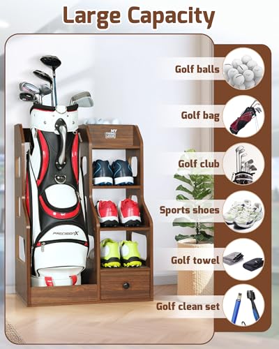 Mythinglogic-Wooden-Golf-Bag-Storage-Rack-for-1-Full-Size-Bag-with-Drawer-Holds-full-size-Golf-Bag-with-Drawer-and-Ball-Holder-Furniture-Style-MDF-Storage-for-Home-OfficeGarage-or-Simulator-Rooms