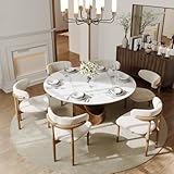 POVISON Round Dining Table, 59' Matte White Sintered Stone Top Dining Table with Bronze Carbon Steel Pedestal, Modern Dining Room Table for Kitchen, Living Room (Table Only)