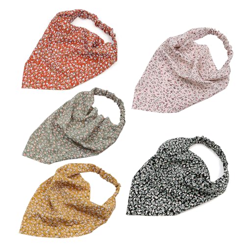 POFET 5PCS Boho Headbands for Women Flower Print Elastic Headbands Yoga Ladies Headband Elastic Headbands Knotted Head Bands