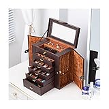 Yu Ru Schmuckkästchen, Schmuckkästchen mit Spiegel mit Griff Reiseetui aus PU-Leder für Armbänder, Halsketten, Ringe, Ohrringe, Schmuckkästchen für Damen (Brown)