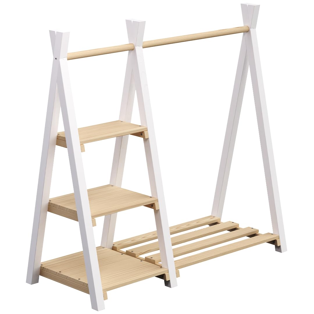Bellabino Ryck Kleiderstange für Kinder – Kleiderständer aus Massivholz Natur/Weiß mit 4 Ablageflächen – Montessori Kindergarderobe für Jungen & Mädchen – Garderobe mit Schuhablage für Kinderzimmer