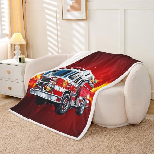 Image of Firefighter Truck Sherpa Blanket - Firemen Car Vehicle Fleece Throw for Bed, Couch, Sofa - Children Bedroom Decor Fire Engine Pattern Plush Red Fuzzy Twin 60 inchx80 inch