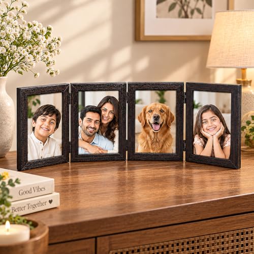 Image of GOLDEN PEACOCK 4x6 Dark Brown 4-Panel Hinged Photo Frame, Foldable