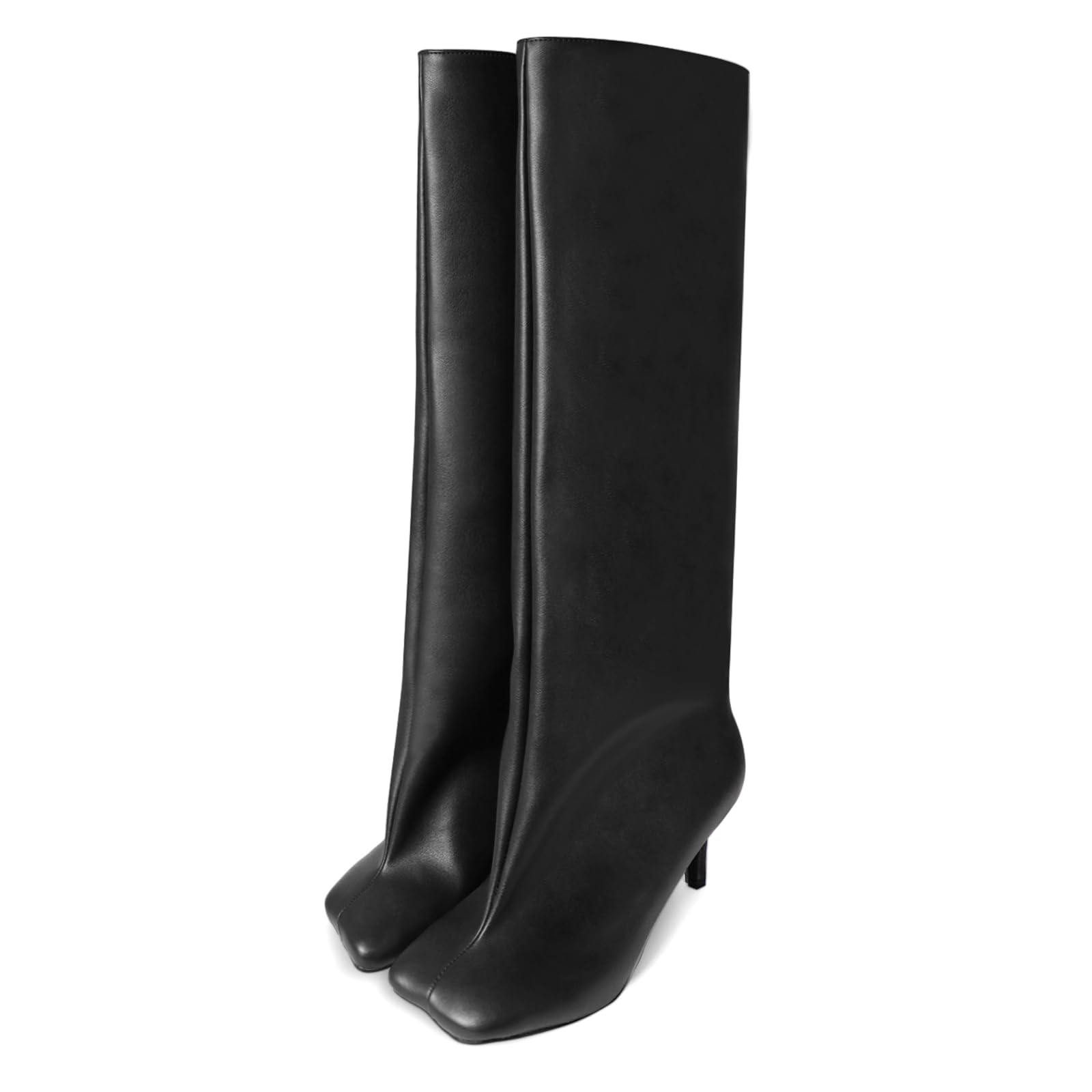 Womens Knee High Suede Boots for Women Wide Calf Square Toe Stiletto Heels Tall Boots Pull On High